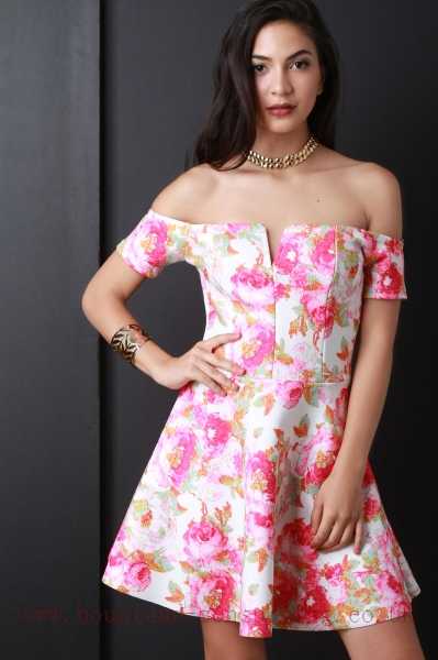 Fuchsia Multi Off The Shoulder Neoprene Skater Dress 3719823918 Made in U.S.A. 92% Polyester, 8% Spandex.